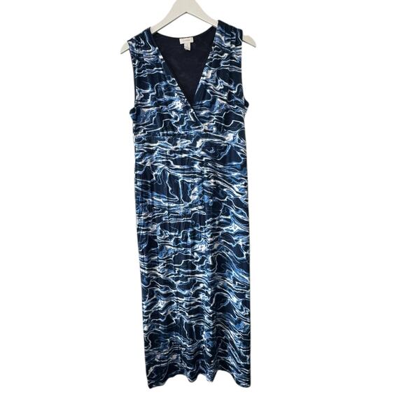 Chico's Blue Wave Tie Dye Ruched Shoulder Sleeveless Stretch Maxi Dress Medium - Picture 1 of 8